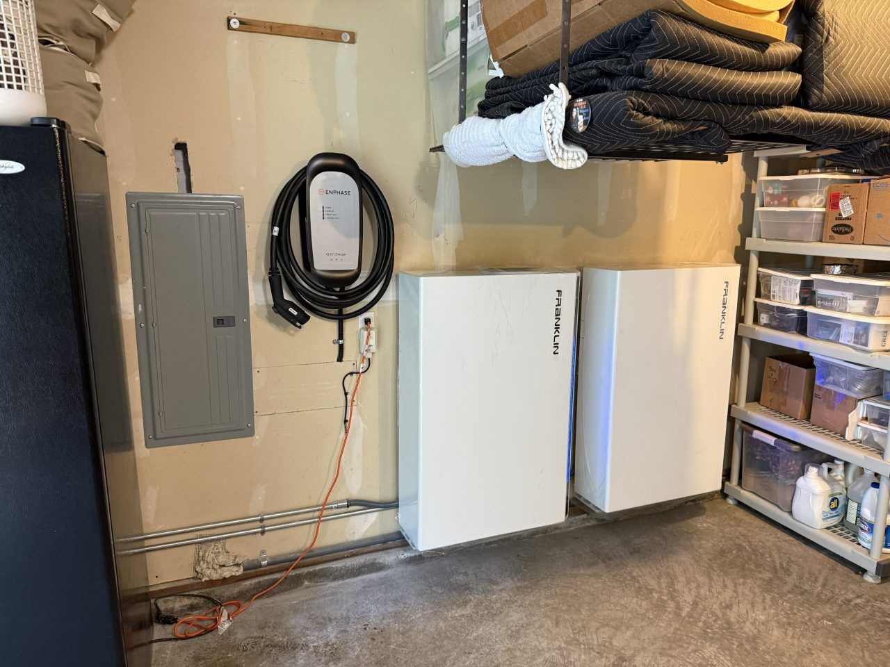 Two FranklinWH aPower home batteries installed by Power Trip Energy in a Seabeck, WA garage, 2026